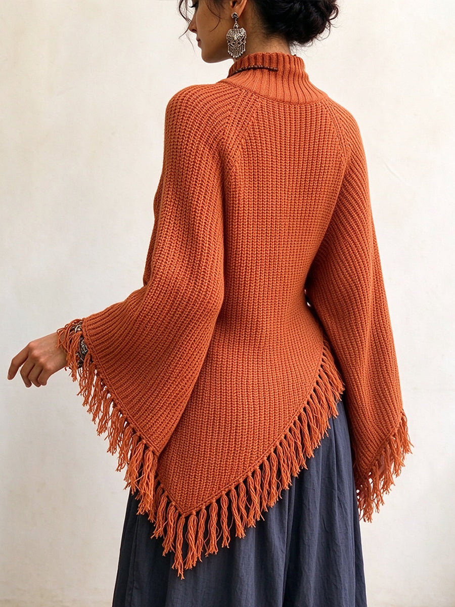 Boho Fringe Asymmetric Knit Poncho Pullover