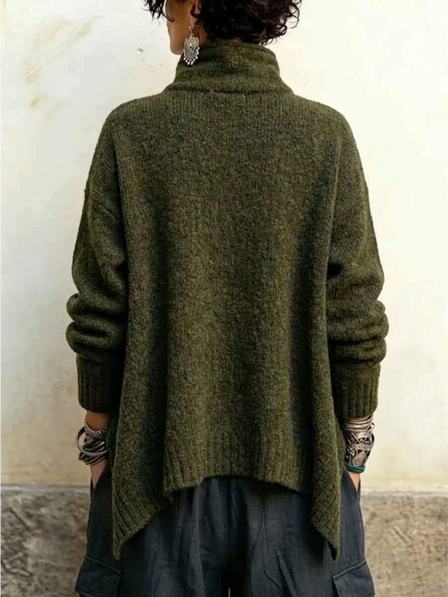 High-neck, Double-breasted, Chunky-knit Cardigan With An Asymmetrical Hem