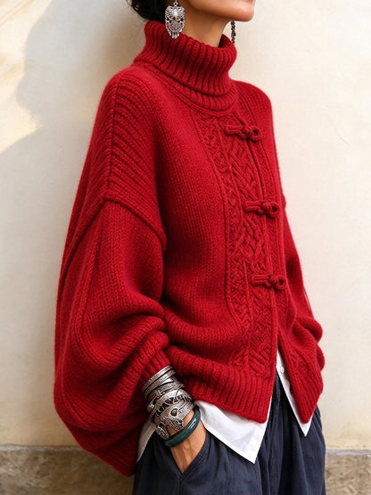 Cozy Red Turtleneck Cable-knit Sweater With Frog-button Closures