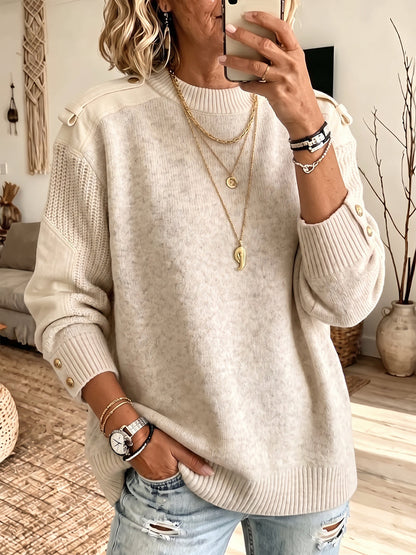 Cozy Suede Pacthwork Textured Button-Detail Knit Pullover