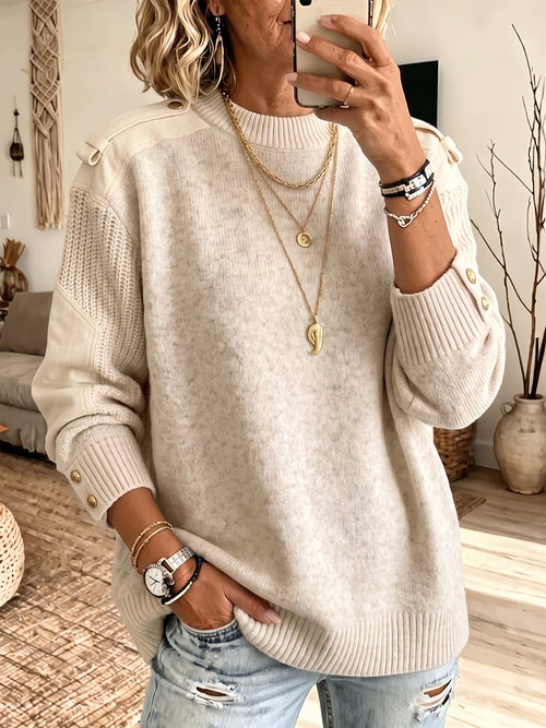 Cozy Suede Pacthwork Textured Button-Detail Knit Pullover