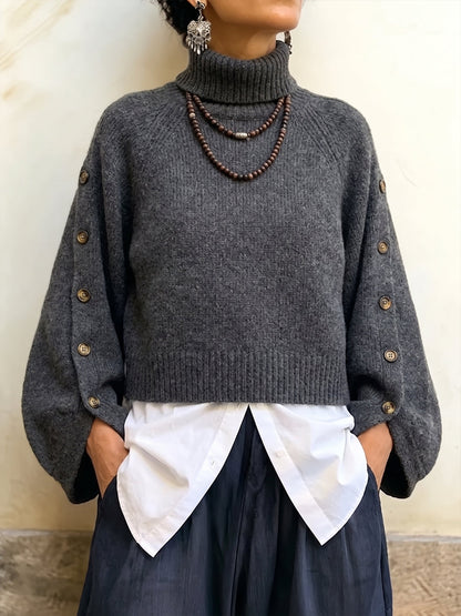 Cozy Button-Sleeve Turtleneck Knit Pullover