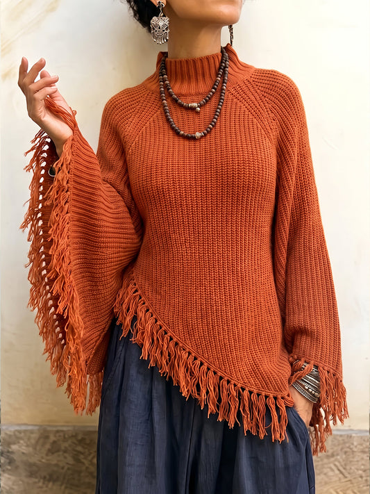 Boho Fringe Asymmetric Knit Poncho Pullover