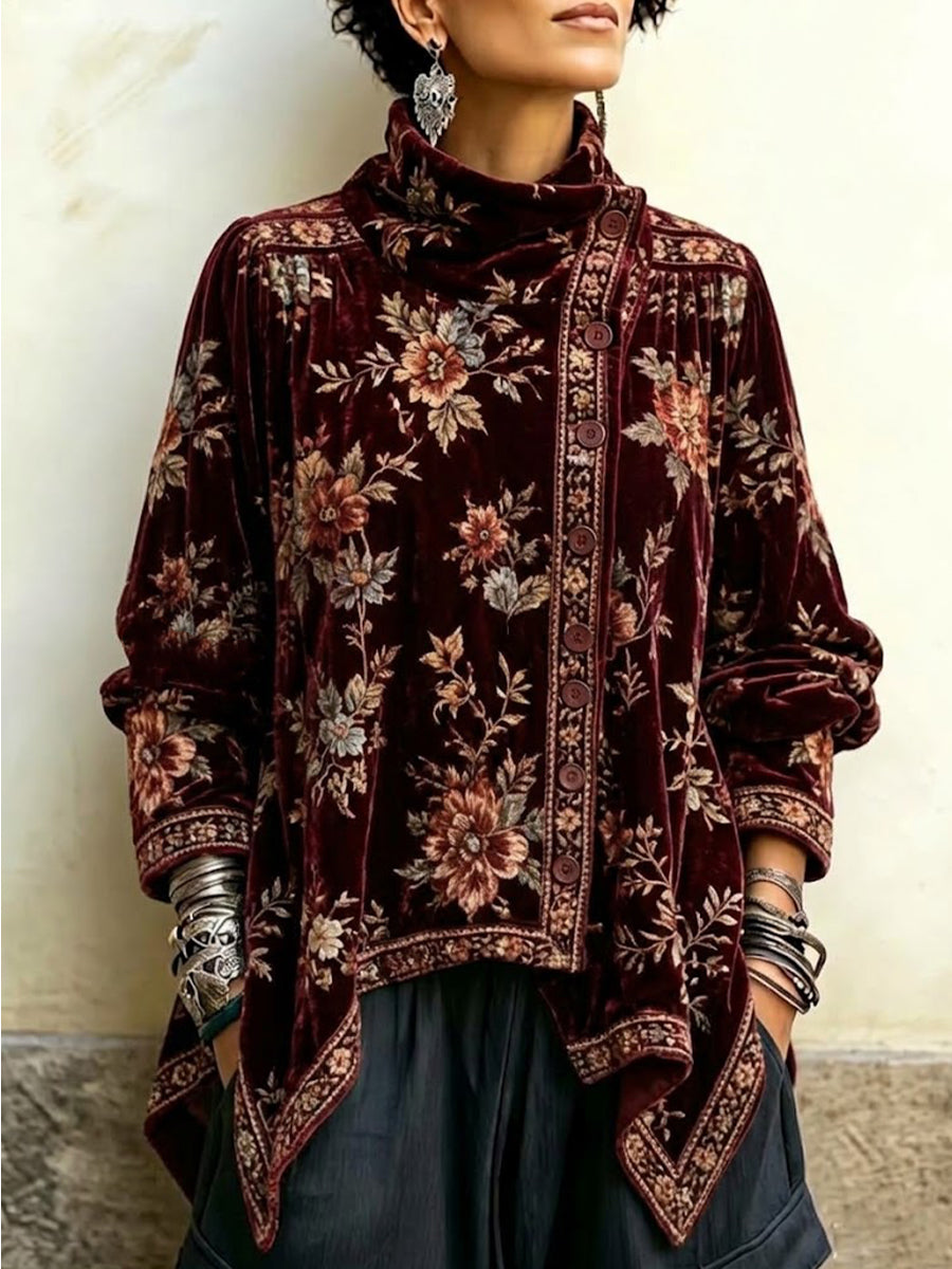 Vintage-inspired Floral-print Velvet Top With A High, Gathered Neckline And An Asymmetrical Hem