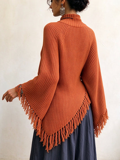 Boho Fringe Asymmetric Knit Poncho Pullover