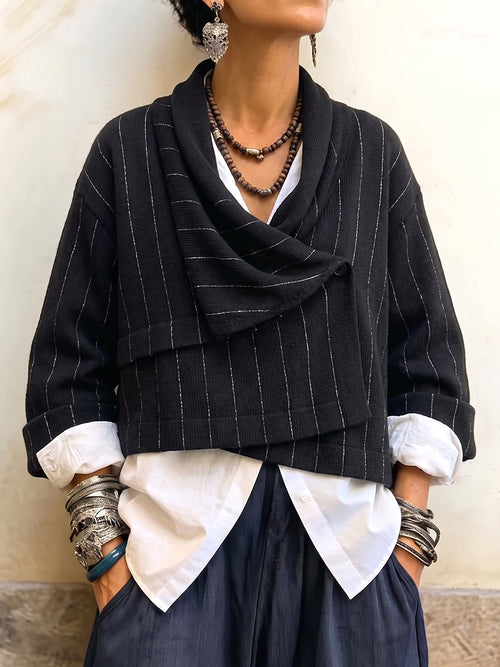Cozy Pinstripe Draped Wrap Cardigan