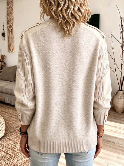 Cozy Suede Pacthwork Textured Button-Detail Knit Pullover