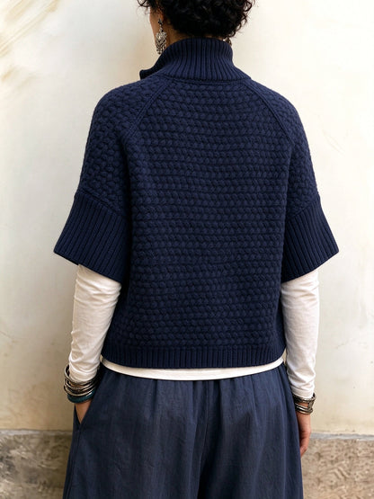 Cozy Button-Accented Knit Capelet Pullover