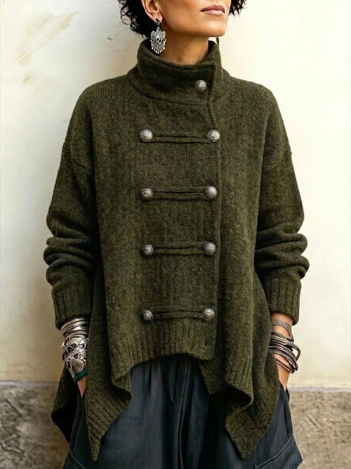 High-neck, Double-breasted, Chunky-knit Cardigan With An Asymmetrical Hem