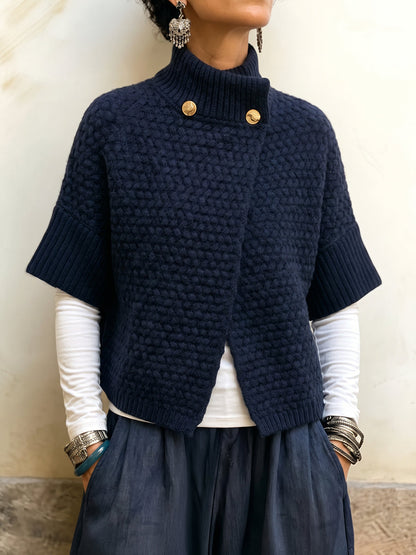Cozy Button-Accented Knit Capelet Pullover
