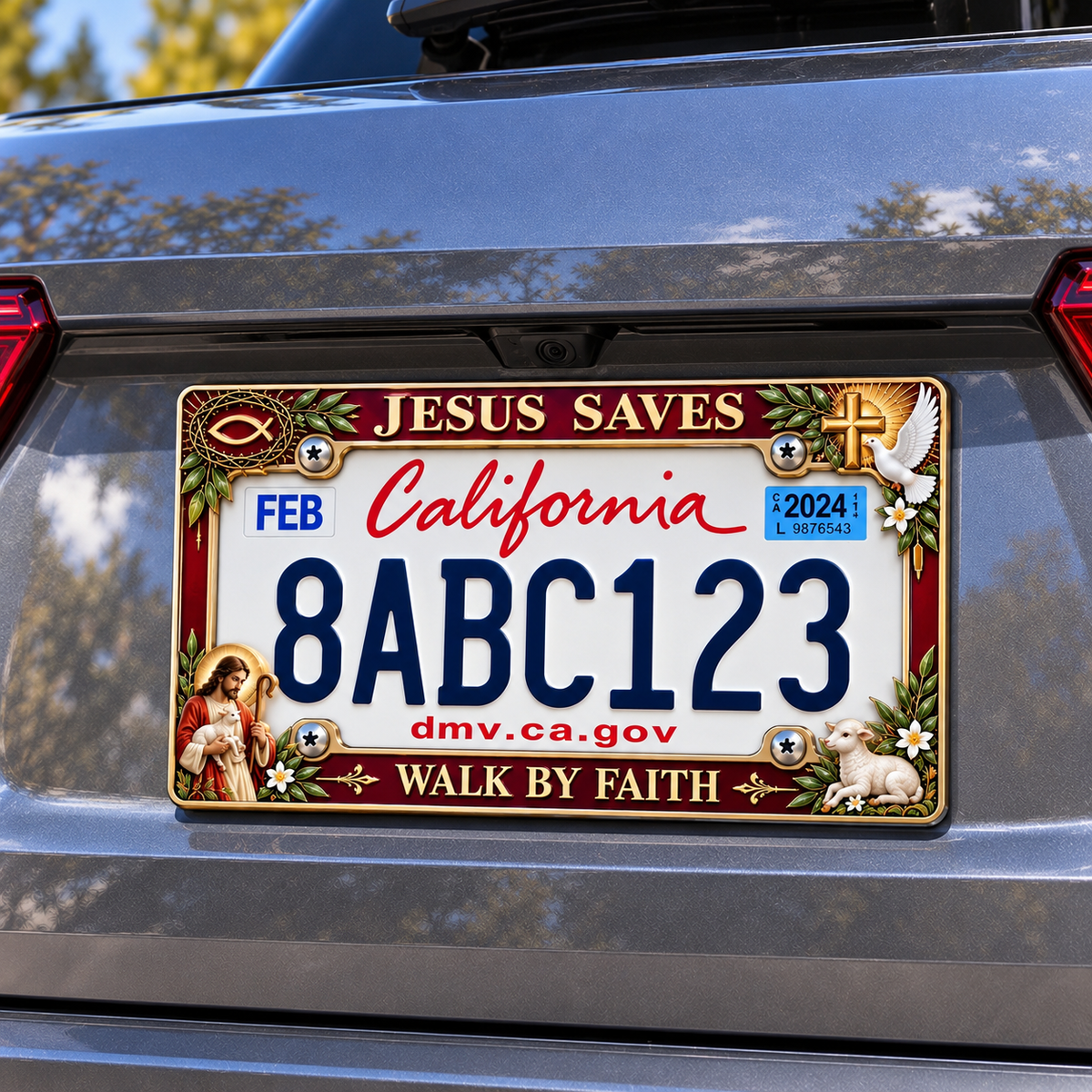 ⭐🐑🕊️ “Jesus Saves – Walk by Faith” Jesus Commemorative Metal License Plate Frame
